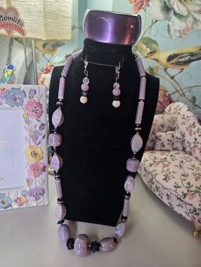 Lavender Vintage Beaded Women's Ceramic Necklace Jewelry Set by Japan